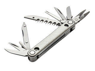 multi tool white background compact folding tool with pliers knife screwdriver and more used in camping repairs or everyday carry stainless steel design transparent background