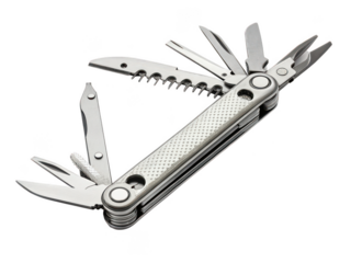 multi tool white background compact folding tool with pliers knife screwdriver and more used in camping repairs or everyday carry stainless steel design transparent background