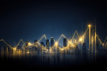Abstract gold finance graphs over city skyline for investment visuals
