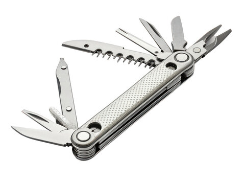 multi tool white background compact folding tool with pliers knife screwdriver and more used in camping repairs or everyday carry stainless steel design transparent background