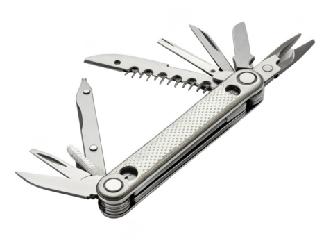 multi tool white background compact folding tool with pliers knife screwdriver and more used in camping repairs or everyday carry stainless steel design transparent background