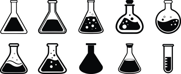 Stylish Laboratory Flask Silhouette Set Isolated on White Background