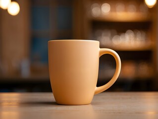 Obraz premium Pastel orange mug on wooden table in cafe setting | Mockup