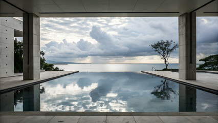 Fototapeta premium Modern architectural design featuring a sleek infinity pool reflecting clouds and trees. The scene captures tranquility and contemporary aesthetics.