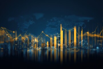 Abstract gold finance graphs over city skyline for investment visuals
