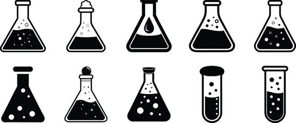 Vector Chemistry Flask Icons, Erlenmeyer and Test Tubes Set on Transparent Background
