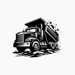 Heavy-duty dump truck transporting soil, rendered as a bold black and white silhouette vector logo in a dynamic, illustrative style. Construction concept