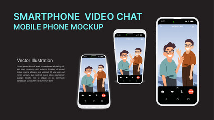 Smartphone Video Call Mockup – Friends Chatting Online via Mobile Phone Interface | Vector Illustration of Digital Communication and Virtual Meeting