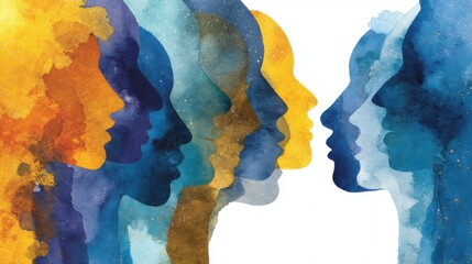 Colorful Silhouettes of Diverse Faces in Watercolor Style Illustration