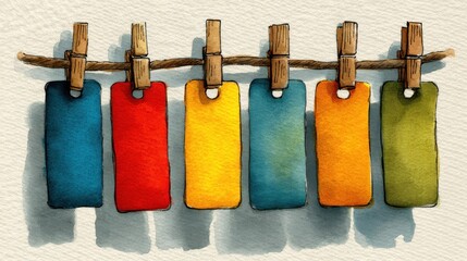 Colorful Paper Tags Hanging on a String with Clothespins and Soft Shadows