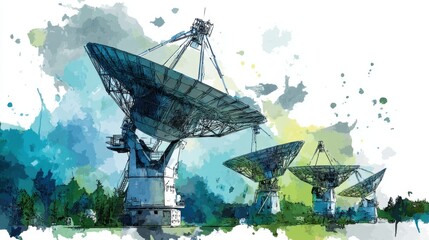 Satellite dishes in a lush green field, showcasing technology and nature