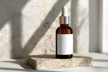 Luxury skincare dropper bottle mockup on stone with natural lighting
