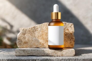 Luxury skincare dropper bottle mockup on stone with natural lighting
