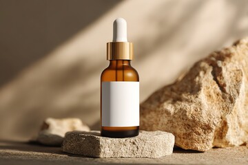Luxury skincare dropper bottle mockup on stone with natural lighting
