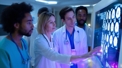 Naklejka na ściany i meble Medical professionals collaborating on patient scans in a modern hospital setting during night shift