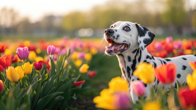 Dalmatian dog smiles in a field of colorful tulips during a beautiful sunny day.