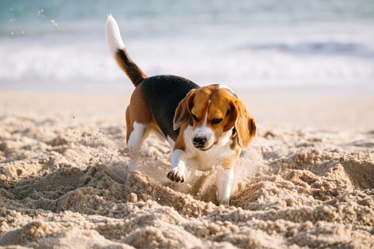 A happy beagle dog runs joyfully on the sandy beach during a sunny summer day.