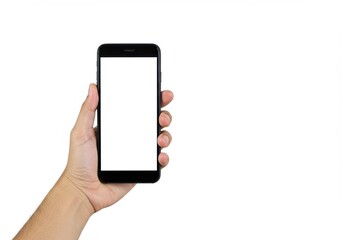 Hand holding smartphone blank screen isolated on white background