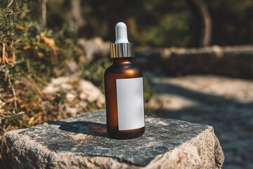 Luxury skincare dropper bottle mockup on stone with natural lighting
