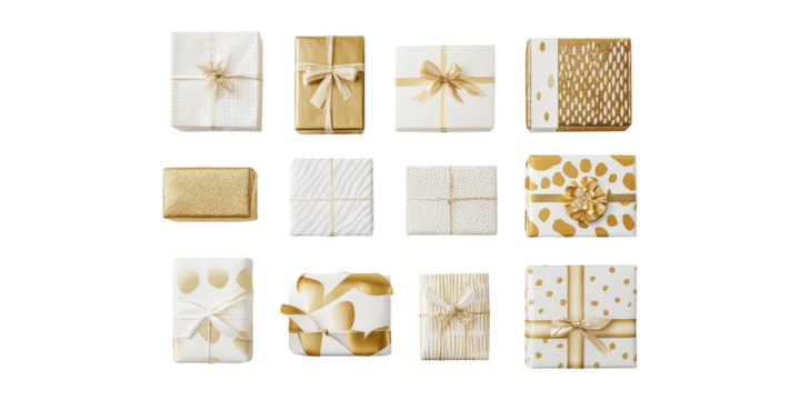 Elegant Gold And Gift Boxes. Luxurious Holiday And Celebration Wrapping Ideas Isolated On Transparent Background