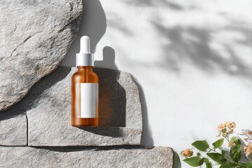 Luxury skincare dropper bottle mockup on stone with natural lighting
