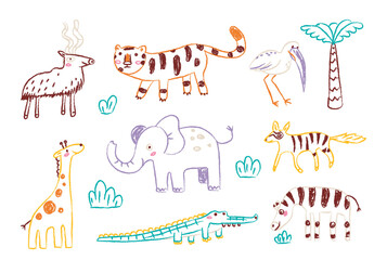 Hand drawn childish crayon jungle animals sketchy collection and exotic vegetation environment