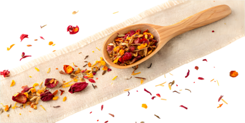 Colorful Herbal Tea Blend in Wooden Scoop isolated On Transparent Background
