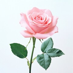 Fototapeta premium Isolated Fresh Light Pink Rose with Stem and Leaves: Ideal for Anniversaries, Weddings, and Beauty Concepts.