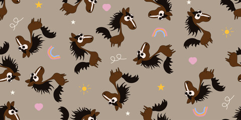 Kids room wallpaper print design. Childish wrapping paper. Vector seamless pattern with fun Whimsical horse. Seamless trellis ideal for kids bedroom prints, nursery wall decor, fabric, textile. EPS 10