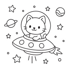 A cute cat is soaring through the vastness of outer space inside a UFO, exploring the universe and its wonders