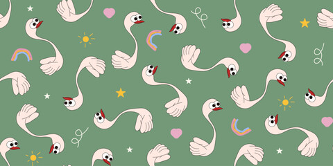 Kids room wallpaper print design. Vector seamless pattern with cute swan bird. Seamless trellis ideal for childish prints, nursery wall decor, fabric, textile decoration. EPS 10 © Svetlana
