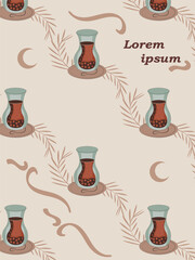 Minimal Seamless Pattern of Halal Food Icons with Crescent and Arabic Touch For Magazine Cover, Social Media, Merchandising.