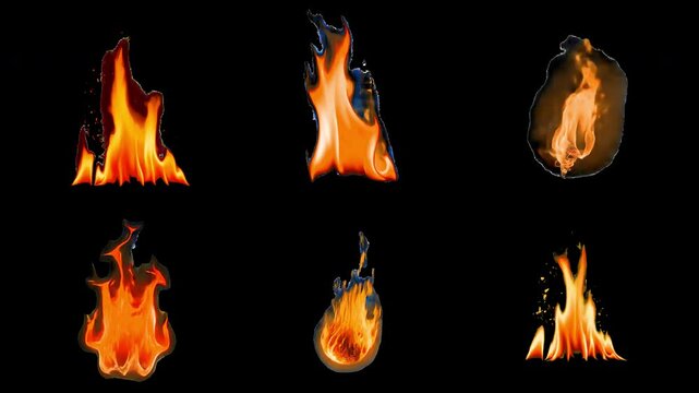 Diverse fiery flame illustrations animation isolated asset, transparent 4K video, alpha channel, ProRes 4444 set