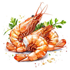 watercolor of Garlic Shrimp, vector high quality, isolated on a white background.