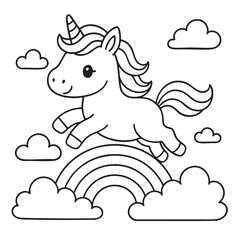 This is a beautifully detailed black and white drawing representing a unicorn leaping gracefully over a vibrant rainbow arc