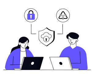 Data administrator. Cyber or web security specialist. Digital data protection and safety. Modern technology and virtual crime. Protection information in internet. Modern flat illustration