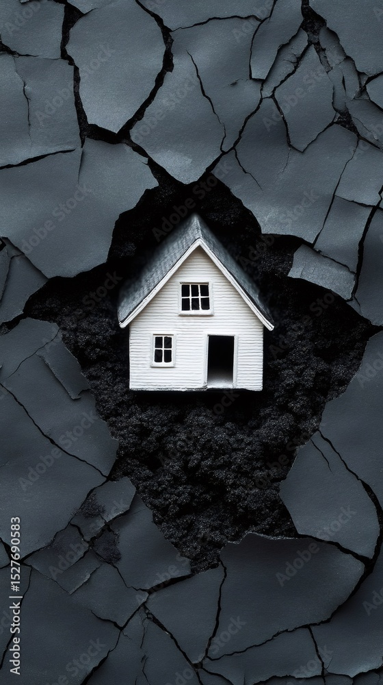 Poster miniature white dwelling descending into parched, fractured ground, symbolizing seismic devastation 