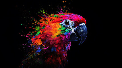 Fototapeta premium Vibrant abstract illustration of a colorful parrot bursting with rainbow splash elements