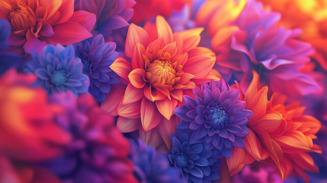 Vibrant abstract floral arrangement featuring lush dahlias in a kaleidoscope of colors
