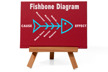 A standing red canvas displaying a fishbone diagram. The scene illustrates a root cause analysis exercise, commonly used for defect and failure analysis