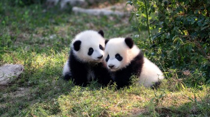 Fototapeta premium China giant panda, a cute little panda playing on the grass.