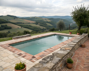Fototapeta premium A serene outdoor swimming pool surrounded by lush green hills and cloudy skies. The pool features a stone border and potted plants nearby.