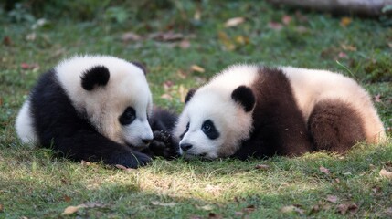 Fototapeta premium China giant panda, a cute little panda playing on the grass.