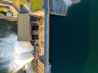 Aerial view of dam and lake scenery in Australia