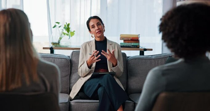 Sofa, couple and psychologist with discussion for counseling, marriage advice and support for healing. Therapy, therapist and woman with people in relationship, consultation and helping with guidance