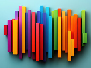 Obraz premium Colorful 3D abstract art featuring vertical bars in vibrant hues of red, orange, yellow, green, blue, and purple on light blue background, creating dynamic visual effect