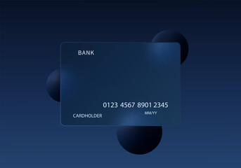 Glass credit card with floating spheres on dark background