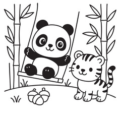 A cute panda bear is happily sitting on a swing while next to it, there is a playful little tiger cub enjoying its surroundings too