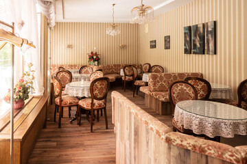 Retro cafe interior with elegant floral decor
