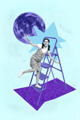 Image zine trend photo collage of happy girl guy stand ladder climb moon planet development aim...